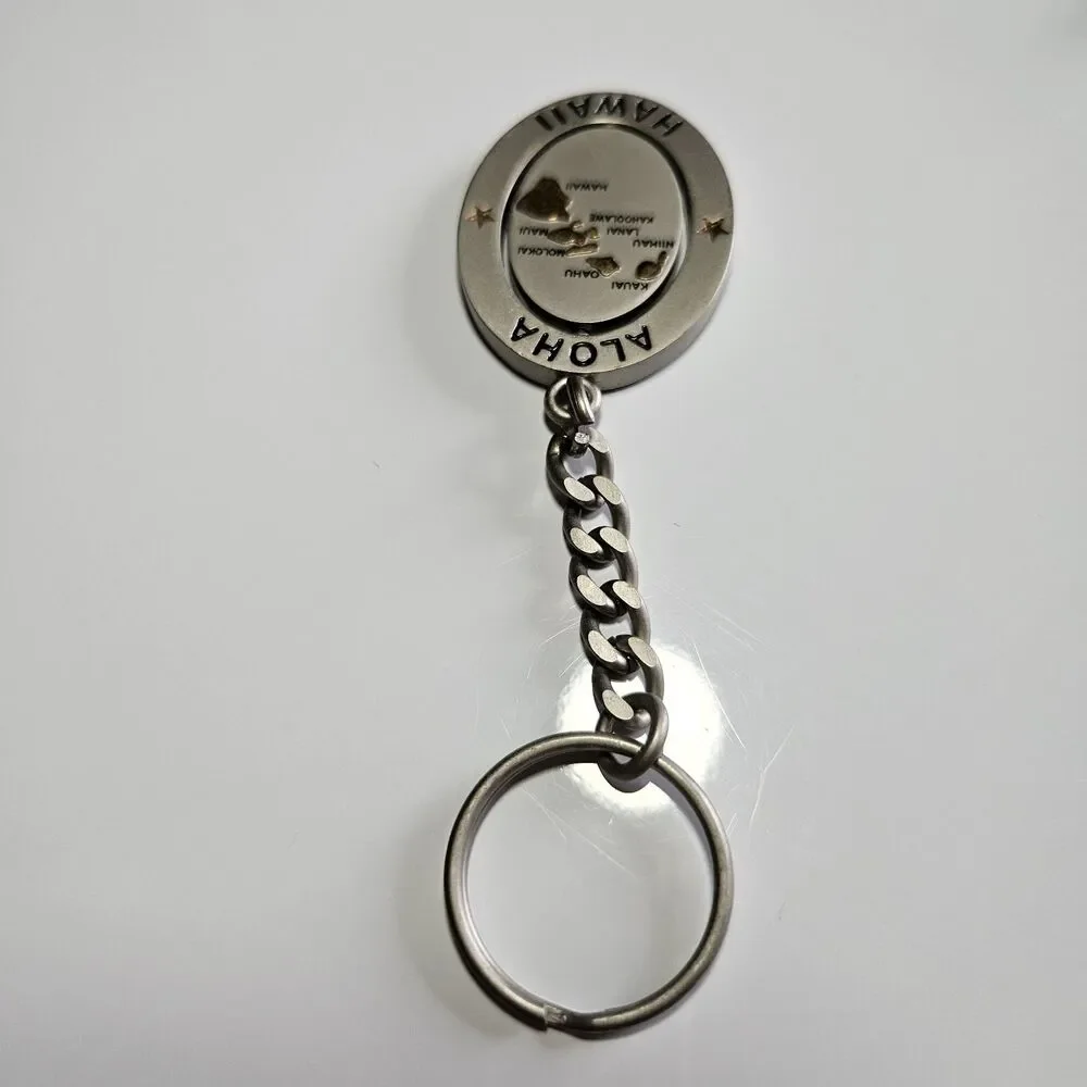 Aloha Hawaii Silver Gold Tone Spinner Souvenir Keychain Key Ring Map of Islands